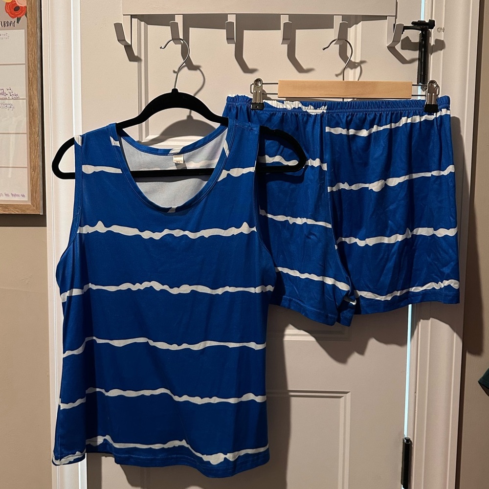 Blue and White Striped Tank and Shorts Set